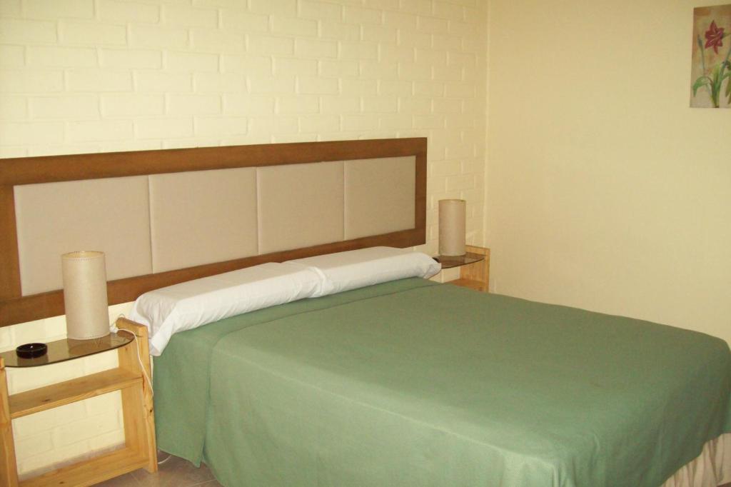 门多萨木拉斯公寓酒店的一间卧室配有一张带绿毯的大床