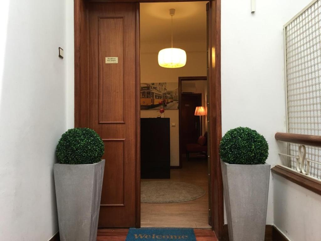 里斯本古埃拉君奎埃罗宾馆的门旁的走廊上有两株盆栽植物