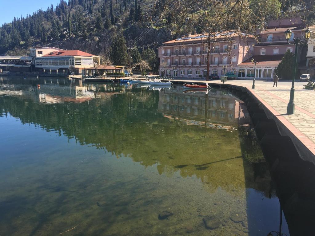 卡斯托里亚Hotel Kastoria in Kastoria City的一大片水,有建筑物和河流