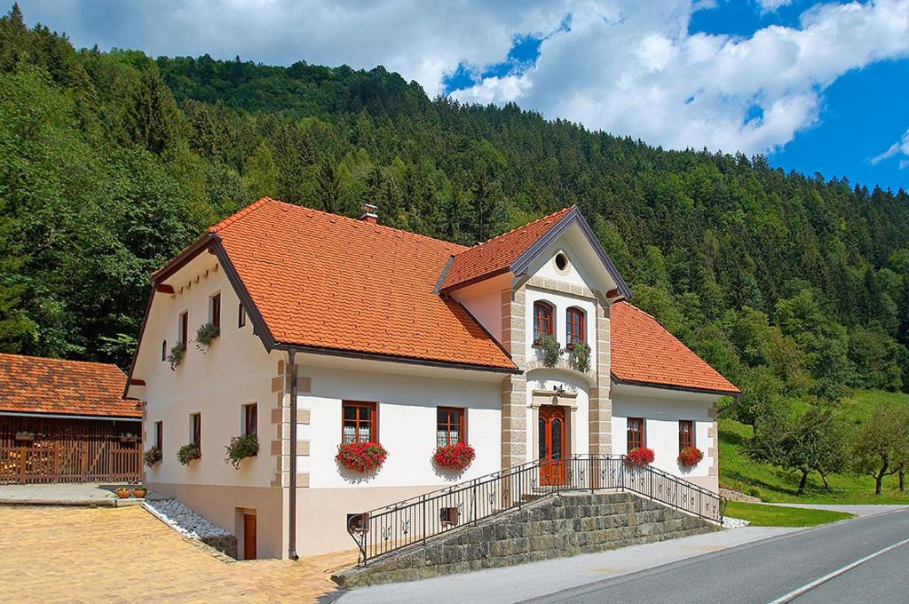 LjubnoFarm stay Bukovje的一座白色的房子,上面有橙色的屋顶,上面有鲜花
