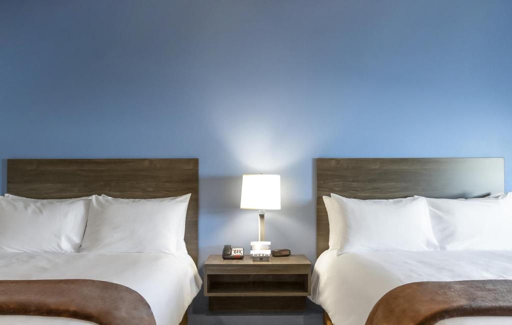卡森市My Place Hotel-Carson City, NV的蓝色灯光的酒店客房内的两张床