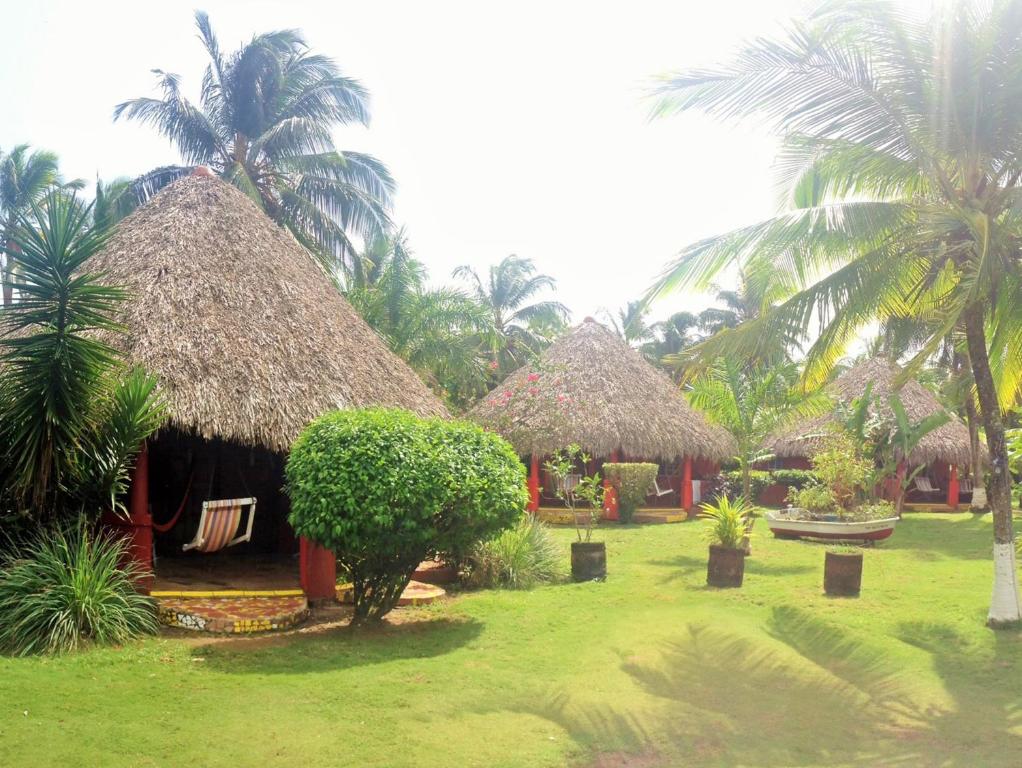 大玉米岛Paraiso Beach Hotel的一群棕榈树和草的小屋