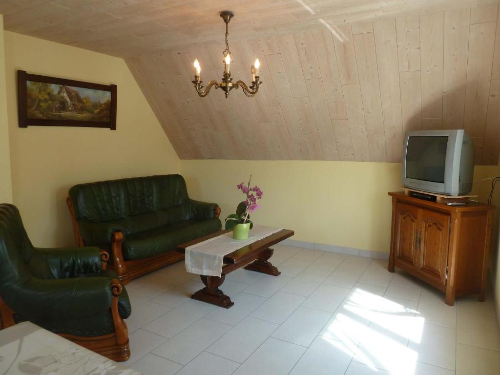 BernardvilléSchiefferberg的客厅配有两把绿色椅子和电视