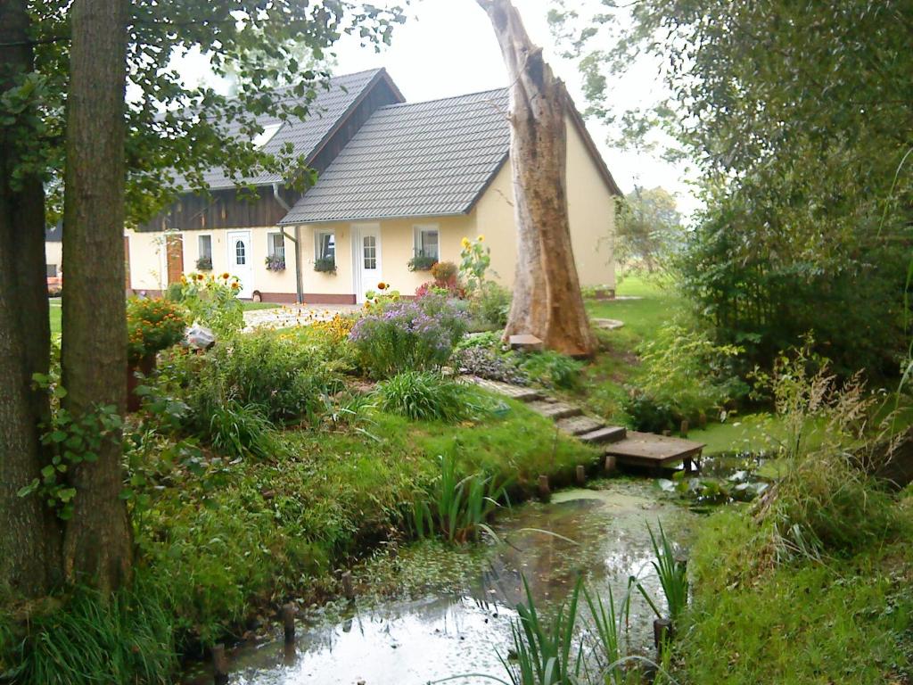 SchmogrowFerienwohnung am Storchennest的花园前带池塘的房子