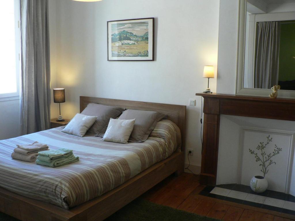 米格龙La Terrasse de la Grand'Rue - chambre d'hôtes -的一间卧室配有一张带壁炉和镜子的床