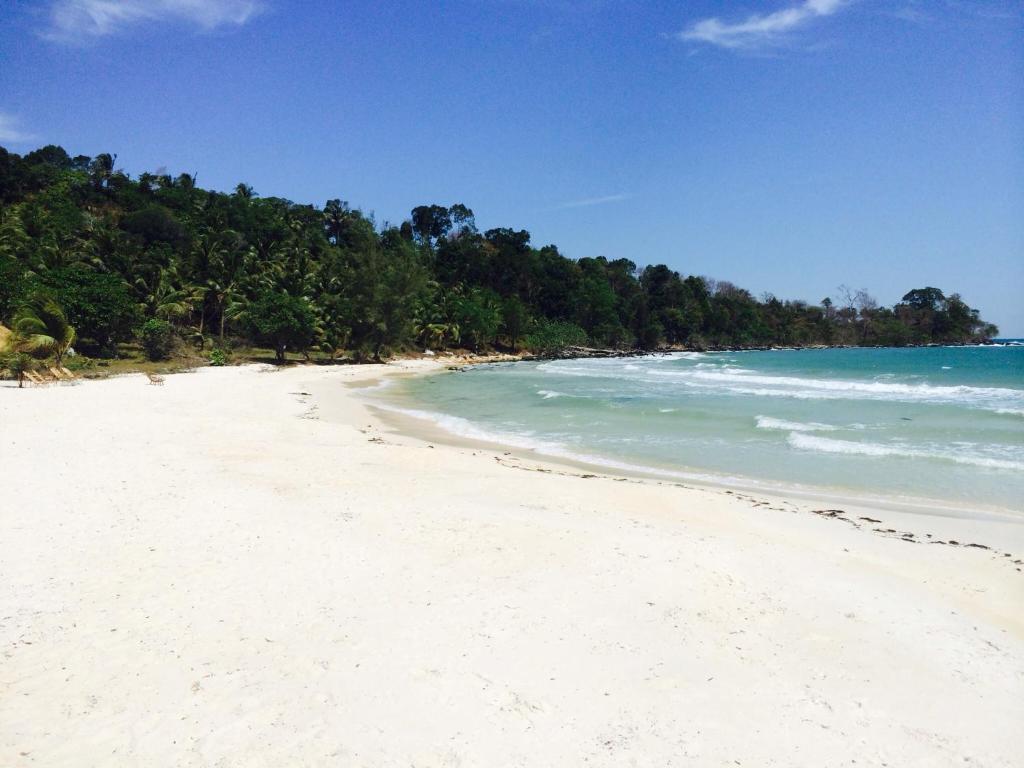 瓜隆岛美丽海滩民宿的一片白沙,蓝水,树木繁茂的海滩