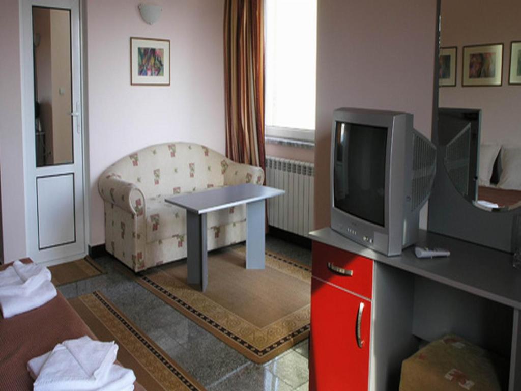 布拉戈耶夫格勒Hotel Ertancom的一间带电视和沙发的客厅
