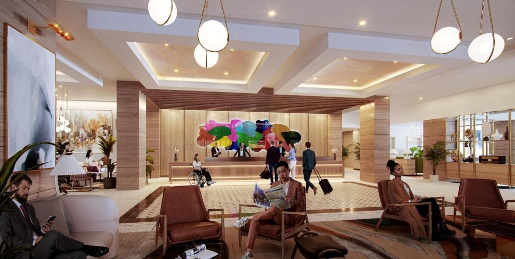 纽约Hyatt Regency Times Square的大厅的 ⁇ 染,人们坐在椅子上