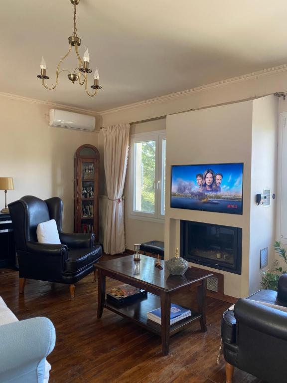 SpartýlasLorantina Luxury Sea View Holiday House close to Barbati &amp; Ipsos Beach with Starlink WiFi的带沙发和电视的客厅