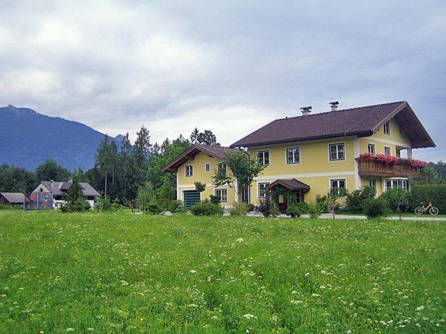 施特罗布尔Aberseehaus Nussbaumer的绿草丛中的黄色房子