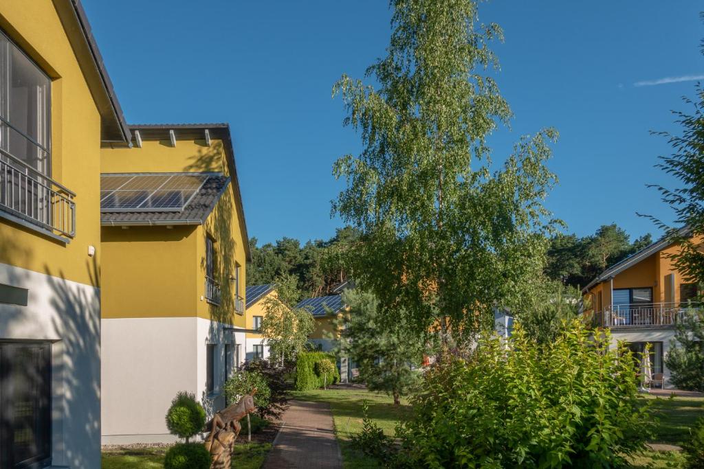 柏林Ferienpark Rübezahl am Müggelsee, Haus 22 Heide mit eigener Sauna, idealer Ort für Natur- und Erholungssuchende, für Radfahrer, Familien mit Kindern und Hundeliebhaber的小镇里一条满是黄色房屋的街道