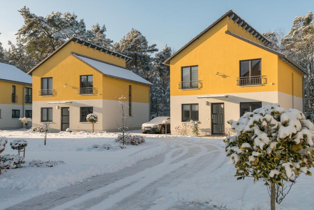 柏林Ferienpark Rübezahl am Müggelsee, Haus 20 Mohn mit eigener Sauna, idealer Ort für Natur- und Erholungssuchende, für Radfahrer und Familien mit Kindern的雪中的一排黄色房屋