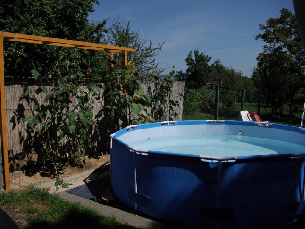 赫维兹Ferienhaus Hartmann的 ⁇ 旁的院子内的蓝色热水浴池