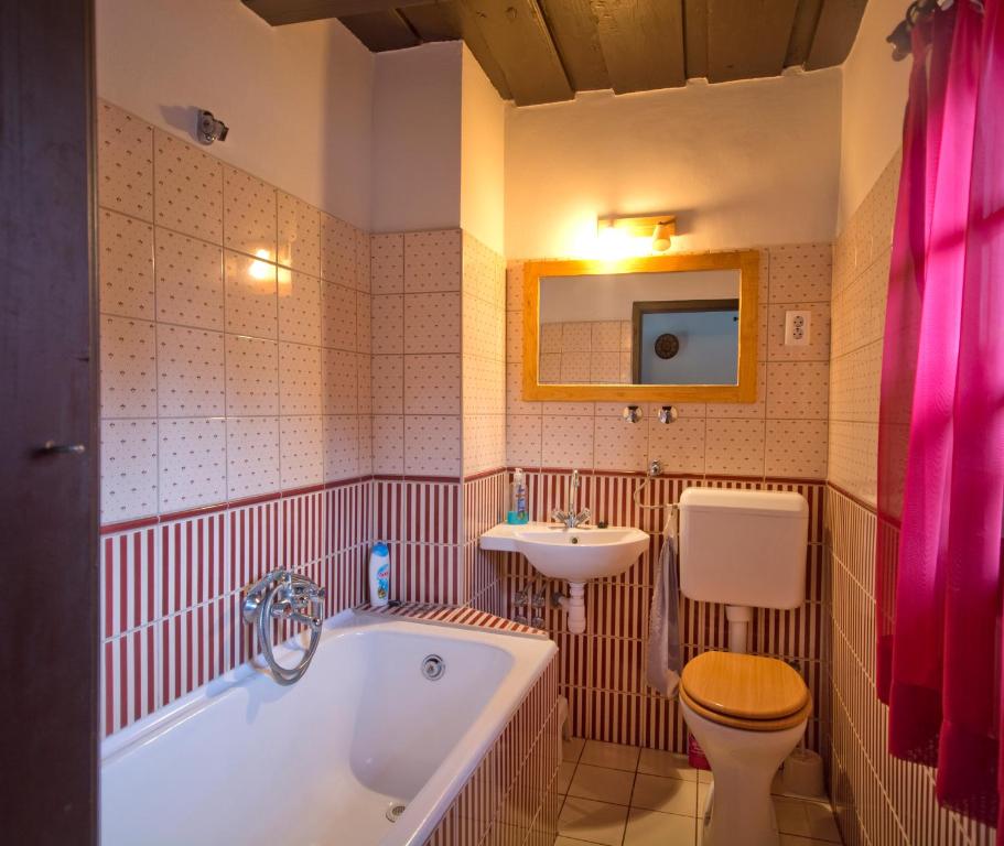 Szalafő柯索戈温德扎克旅馆的带浴缸、卫生间和盥洗盆的浴室