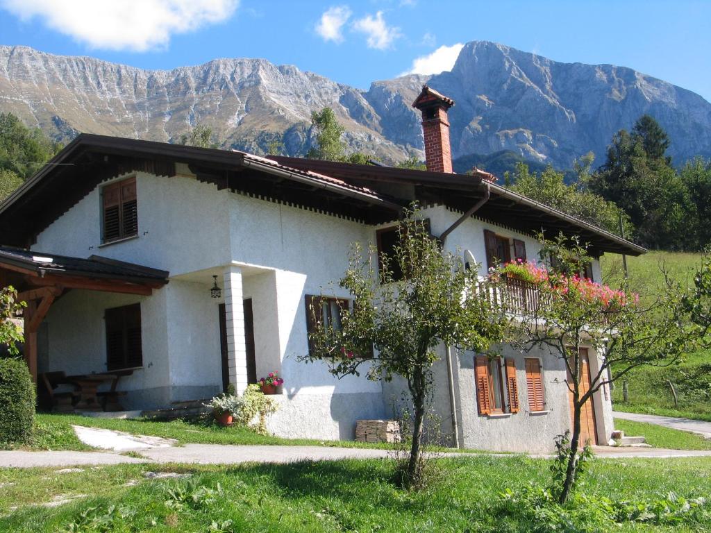 科巴里德Tourist Farm Žvanč的一座白色的小房子,后面是群山