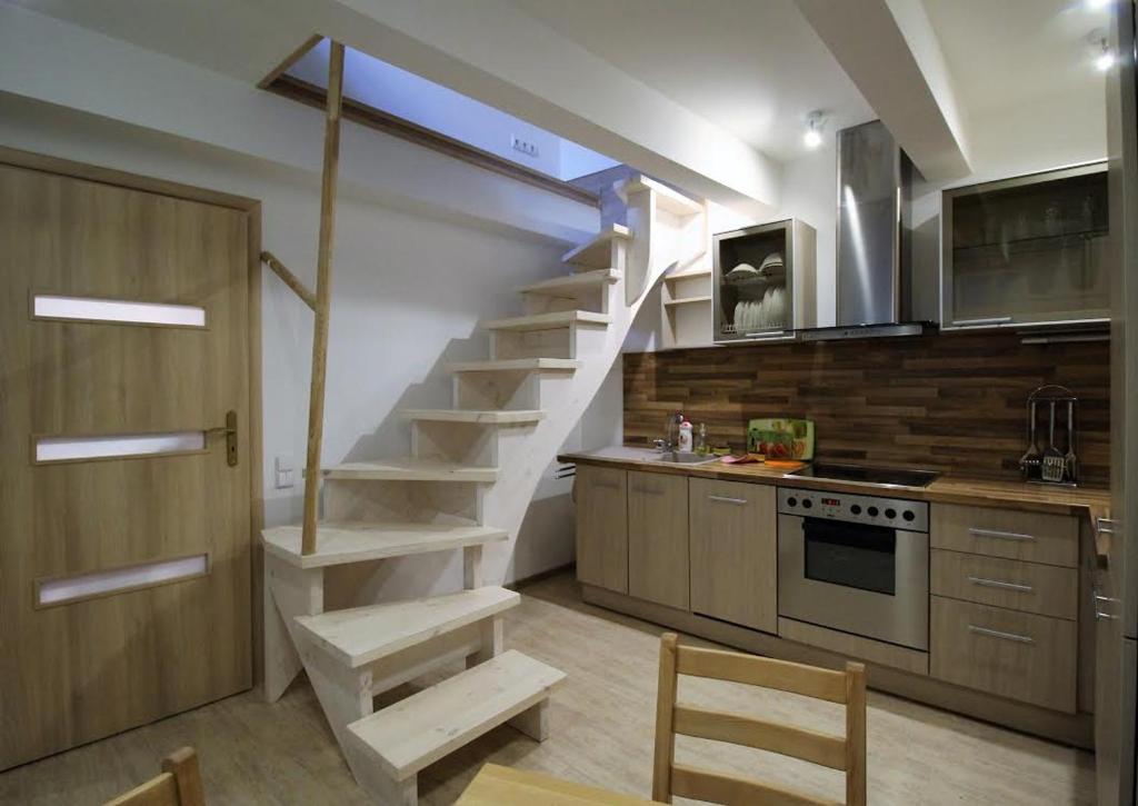 考纳斯老城公寓的厨房设有螺旋楼梯