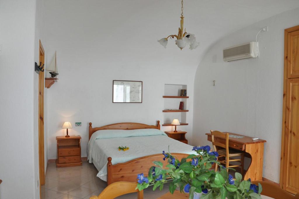 蓬扎Il Capriccio Guesthouse的一间卧室配有一张床和一张书桌,并鲜花