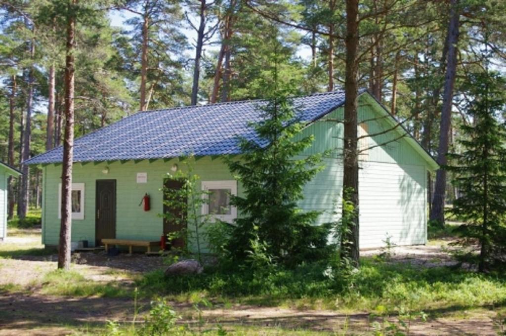 TuksiTuksi Health and Sports Centre的树林中的一个绿色和白色的小小屋