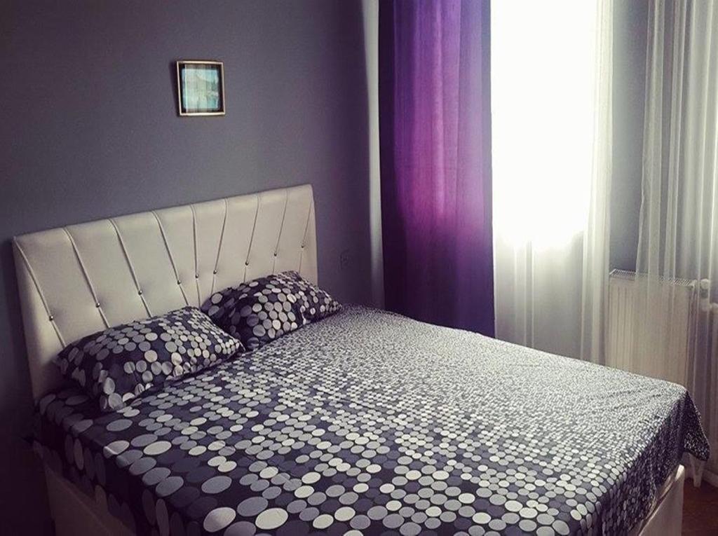 巴统Eka Guest House的一间卧室配有一张带床罩的床和窗户