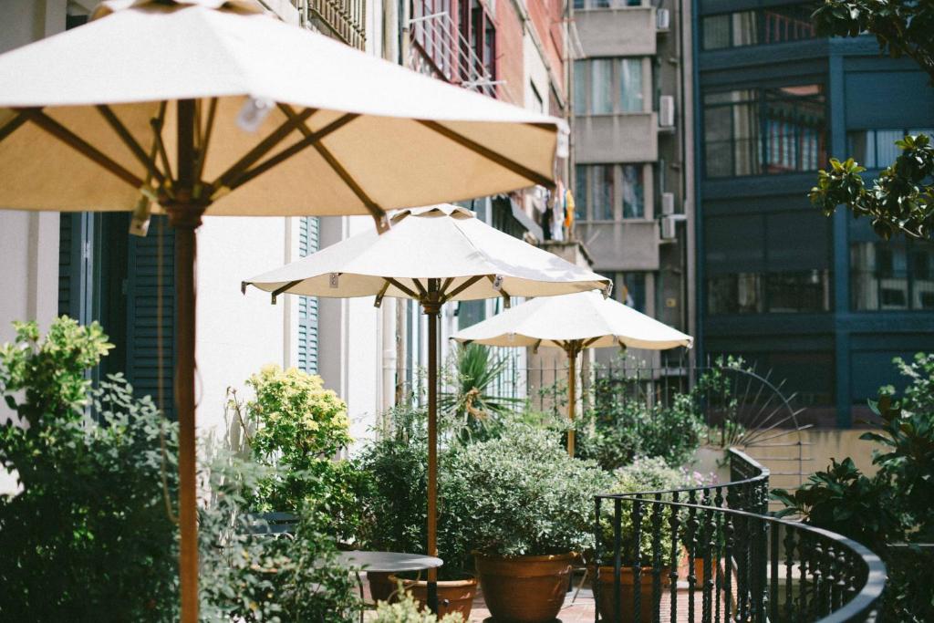 巴塞罗那1905前后住宿加早餐旅馆的一组太阳伞坐在庭院里