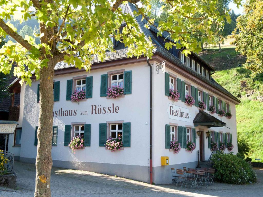 BollschweilGasthaus zum Rössle的一座带绿色百叶窗和鲜花的建筑