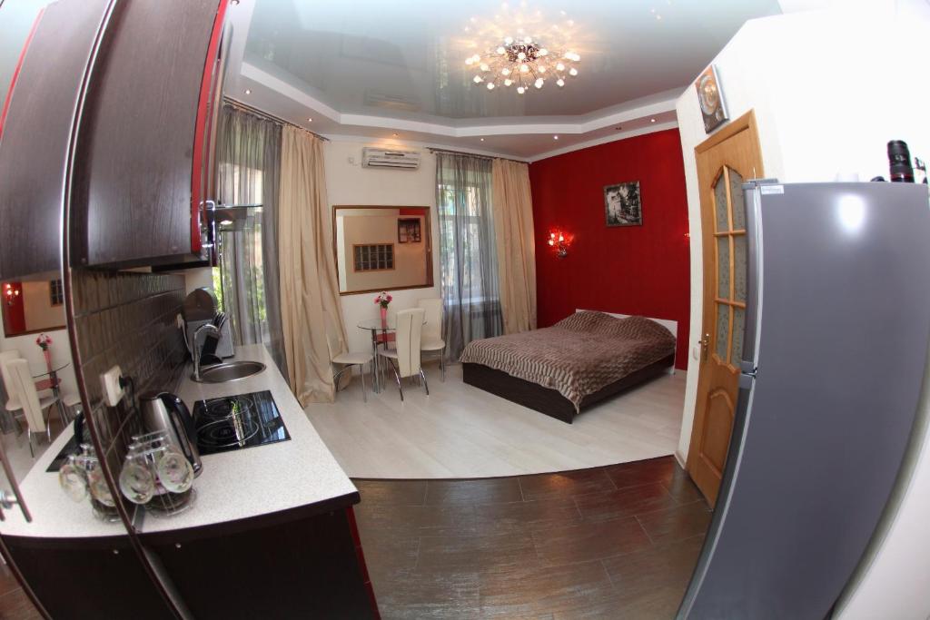 敖德萨Apartments De-Ribas的带冰箱的厨房和1间带1张床的卧室
