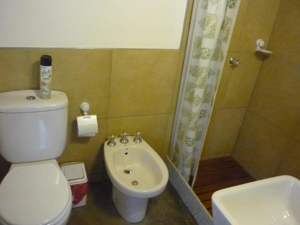马德普拉塔弗列斯科山林小屋的浴室配有卫生间、淋浴和盥洗盆。
