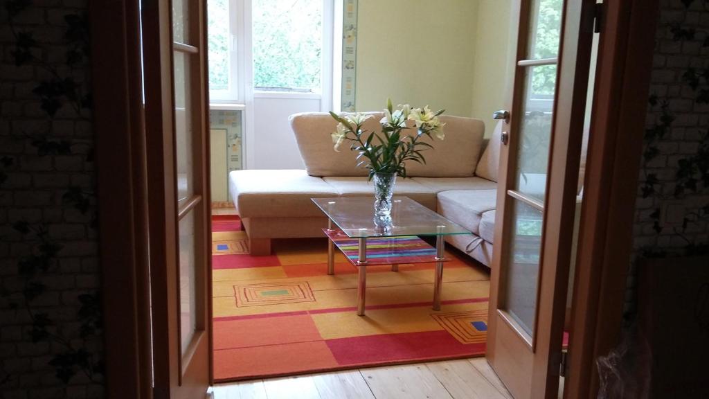 里加里加和谐生活两居室公寓的客厅配有沙发和花瓶(桌子上)