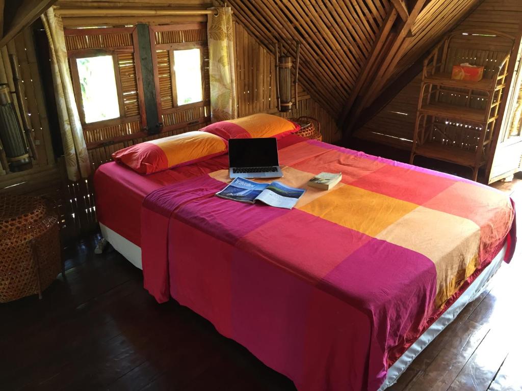 公主港乡村别墅酒店的一间卧室配有一张带笔记本电脑的床