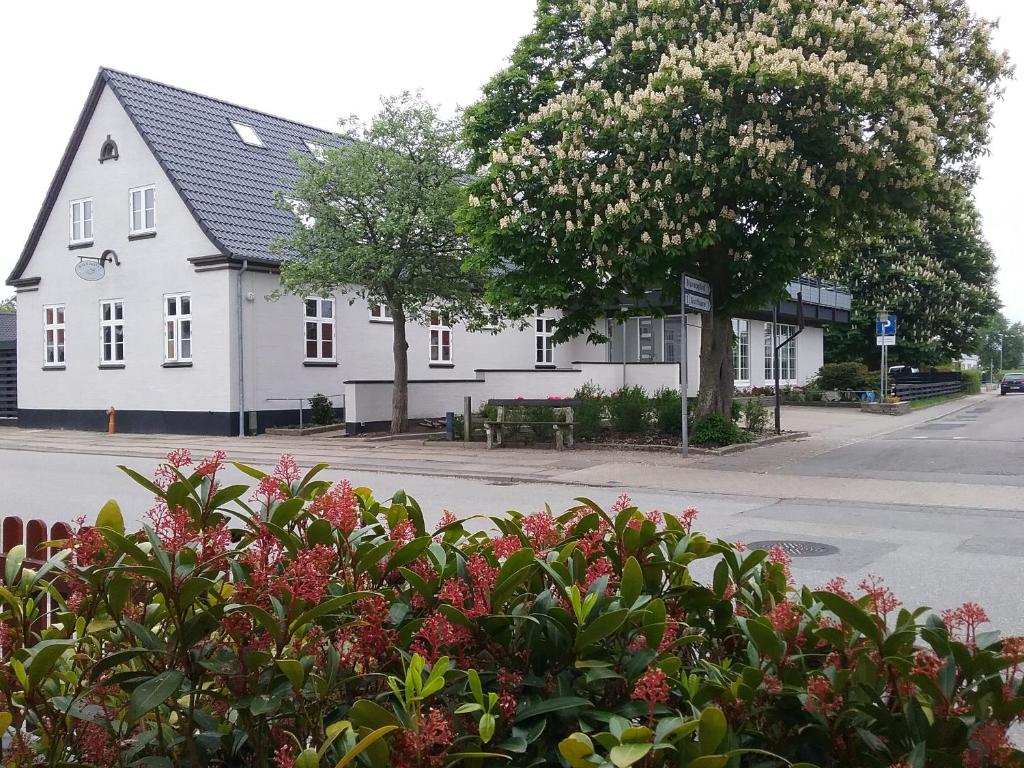 海尔斯Hals Hotel的前面有棵树和鲜花的白色房子