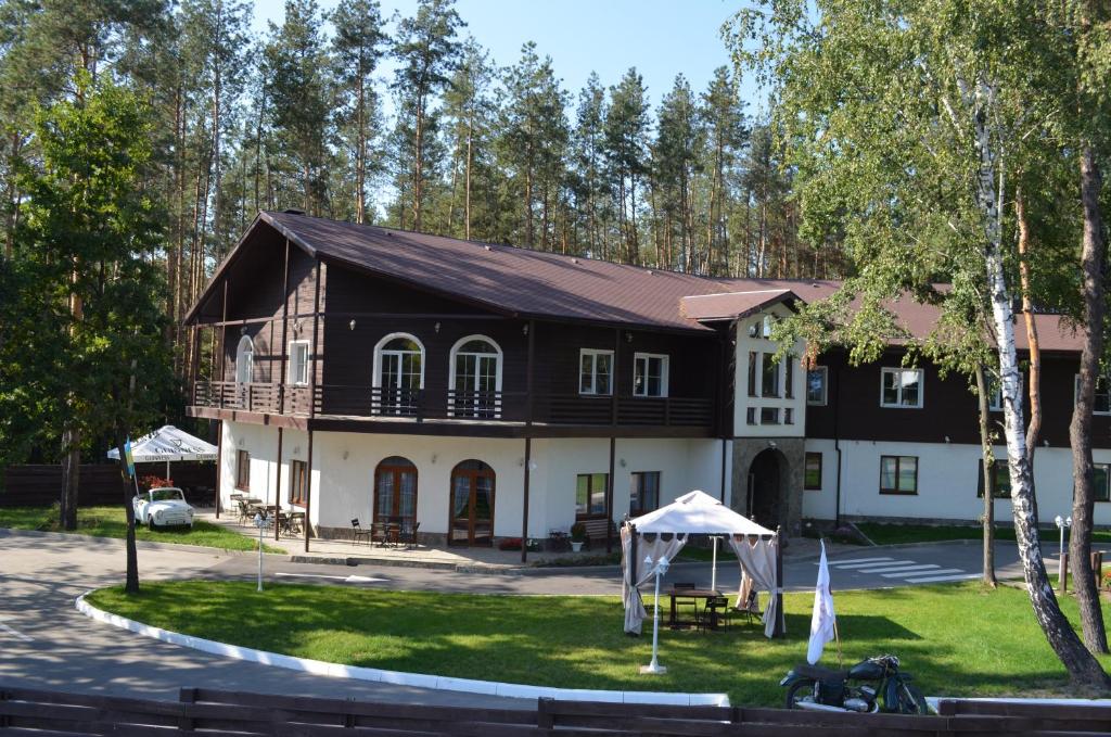 Vita-PochtovayaMotel Chalet的一座黑色和白色的大建筑,背后有树木
