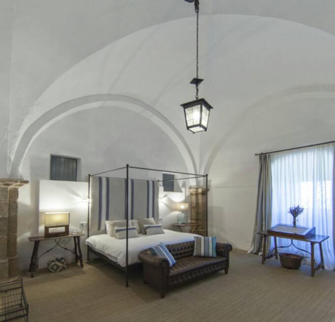 卡塞雷斯Casa Rural Castillo de Cáceres的一间卧室配有天蓬床和沙发