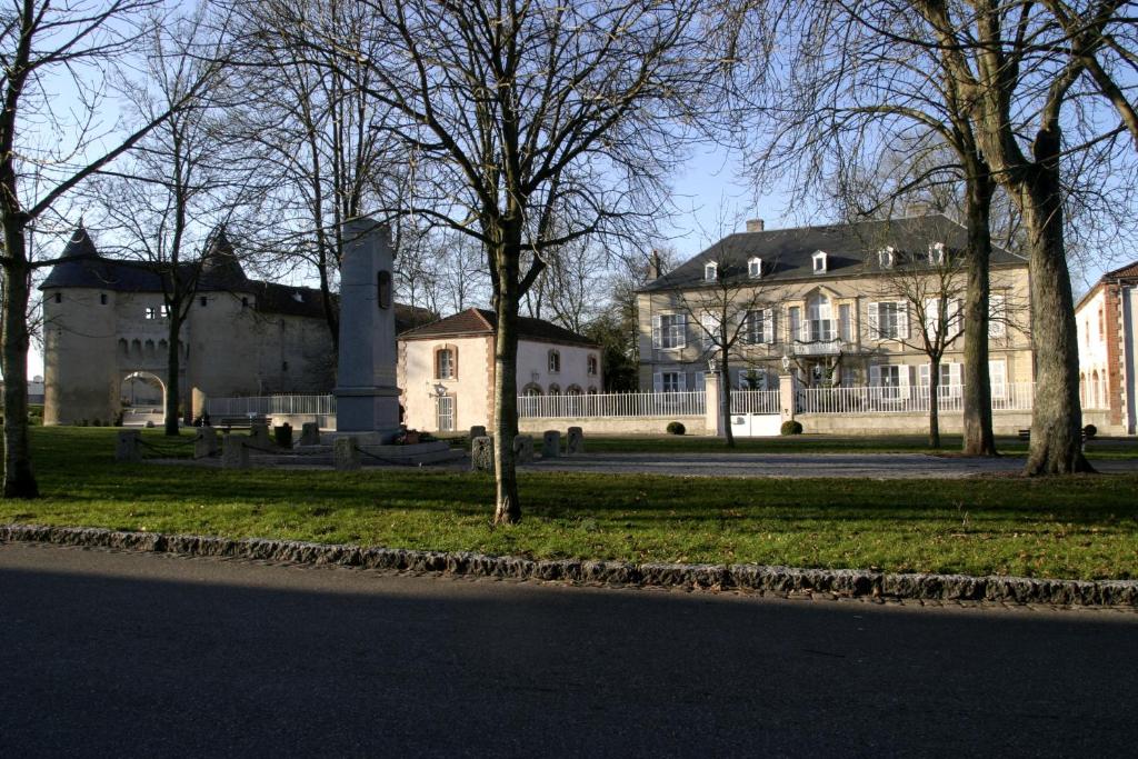 Vic-sur-Seille美斯尼城堡住宿加早餐旅馆的一座有树木的房子,前面有一条街道