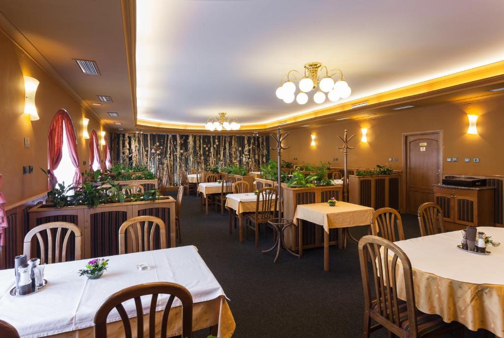 Tetčice乌赦力科酒店的一间在房间内配有桌椅的餐厅