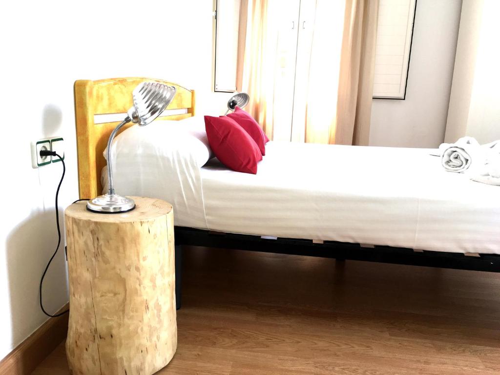 巴塞罗那拉帕尔梅拉旅馆的一间卧室,配有一张带灯柱的床