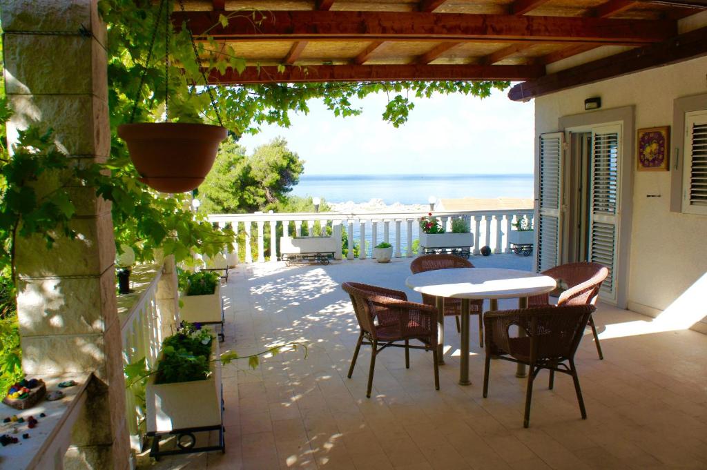 斯韦蒂·斯特凡Cezar Holiday Home的一个带桌椅的庭院和大海