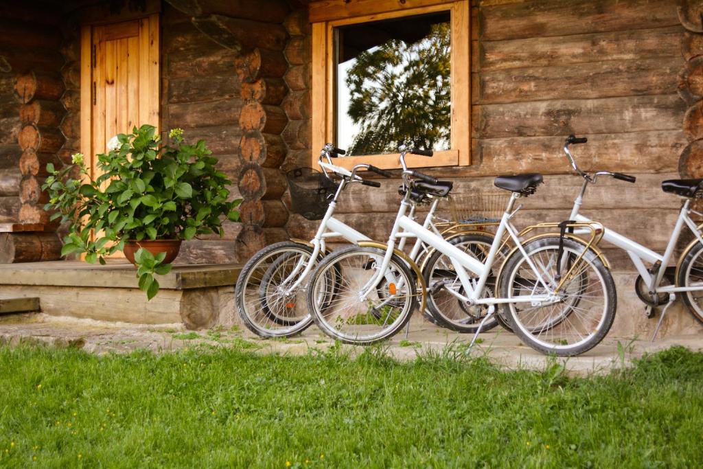 Ēdole卡佐基度假屋的三辆自行车停在小木屋外