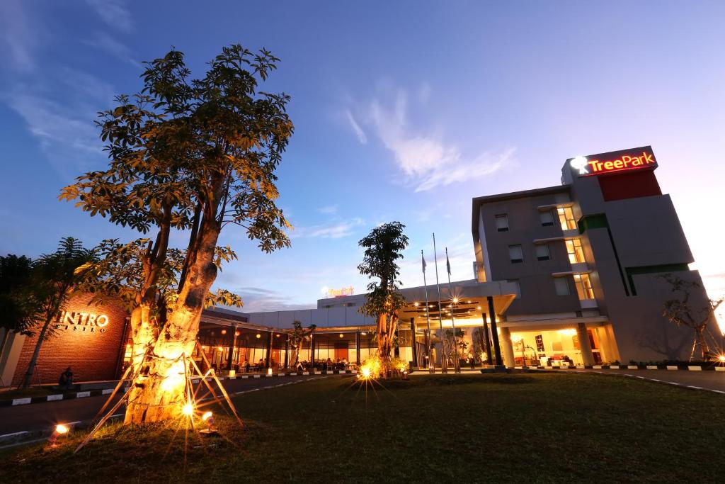 班贾尔马辛马辰树公园酒店的一座建筑前有树的酒店