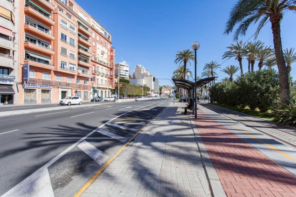 阿利坎特Apartamentos Bahía Alicante的一条在路边种有棕榈树的街道