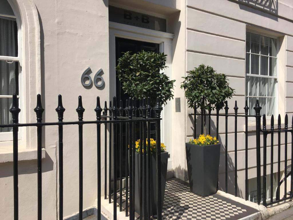 伦敦贝尔格拉维亚酒店的两棵植物房子前面的黑色栅栏