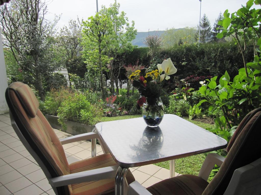 昂代Apartamento con Jardín的花瓶坐在桌子上,摆放着两把椅子