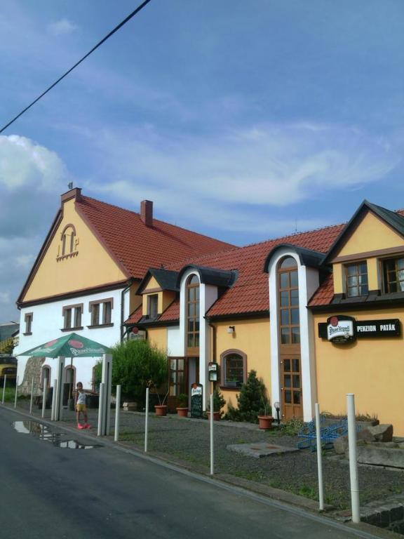 Kamýk nad VltavouPenzion Paták的街上有红色屋顶的大房子