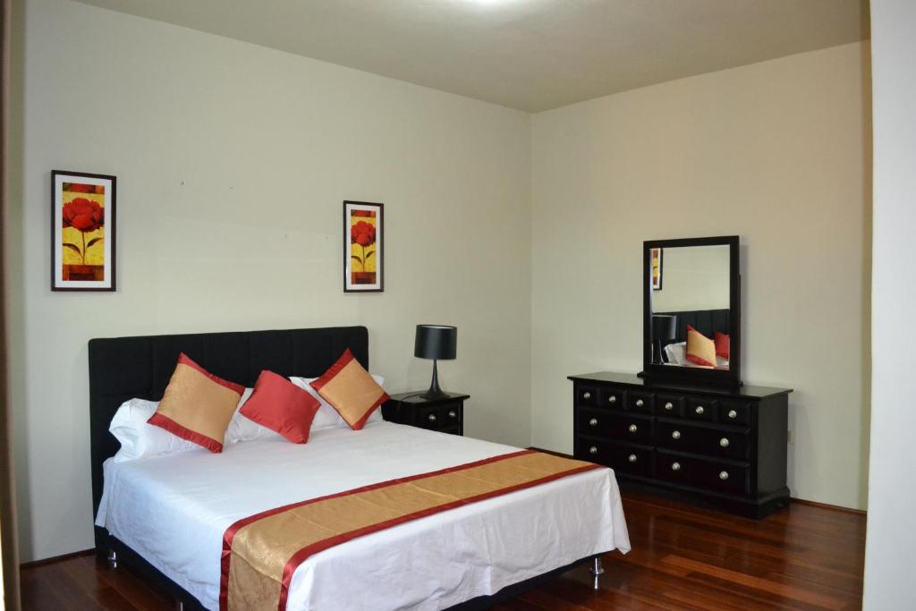 尼格瑞尔Negril Sky Blue Resorts LTD的一间卧室配有一张大床和镜子