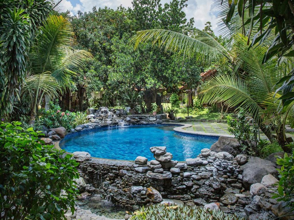 日惹杜达精品别墅酒店的花园中树木繁茂的游泳池