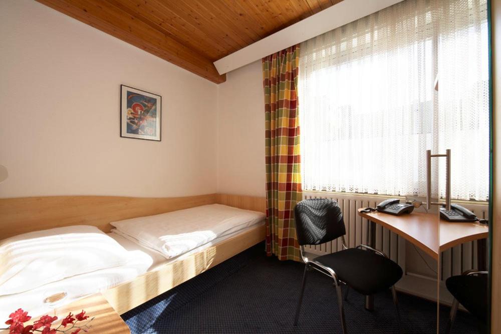 卡尔斯鲁厄艾尔普林森豪夫酒店的一间卧室配有一张床、一张书桌和一个窗户。