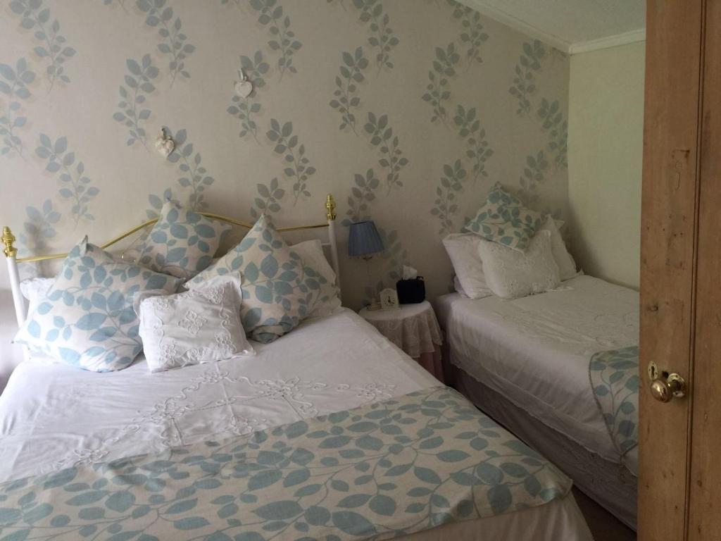 LlanarthParc Farm B&B的一间卧室配有两张带蓝白色枕头的床