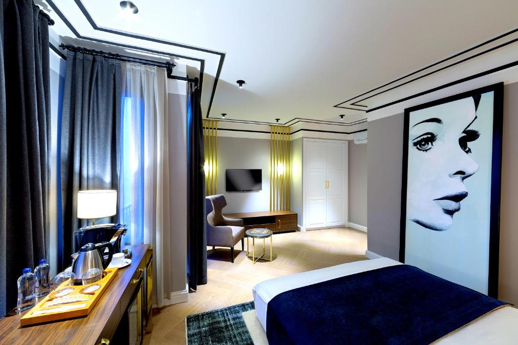 伊斯坦布尔加拉塔沃尔顿酒店的一间酒店客房,一间设有一张床和一张书桌