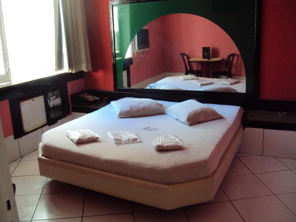 里约热内卢利普斯汽车旅馆（仅限成人）的一间卧室配有一张带大镜子的床
