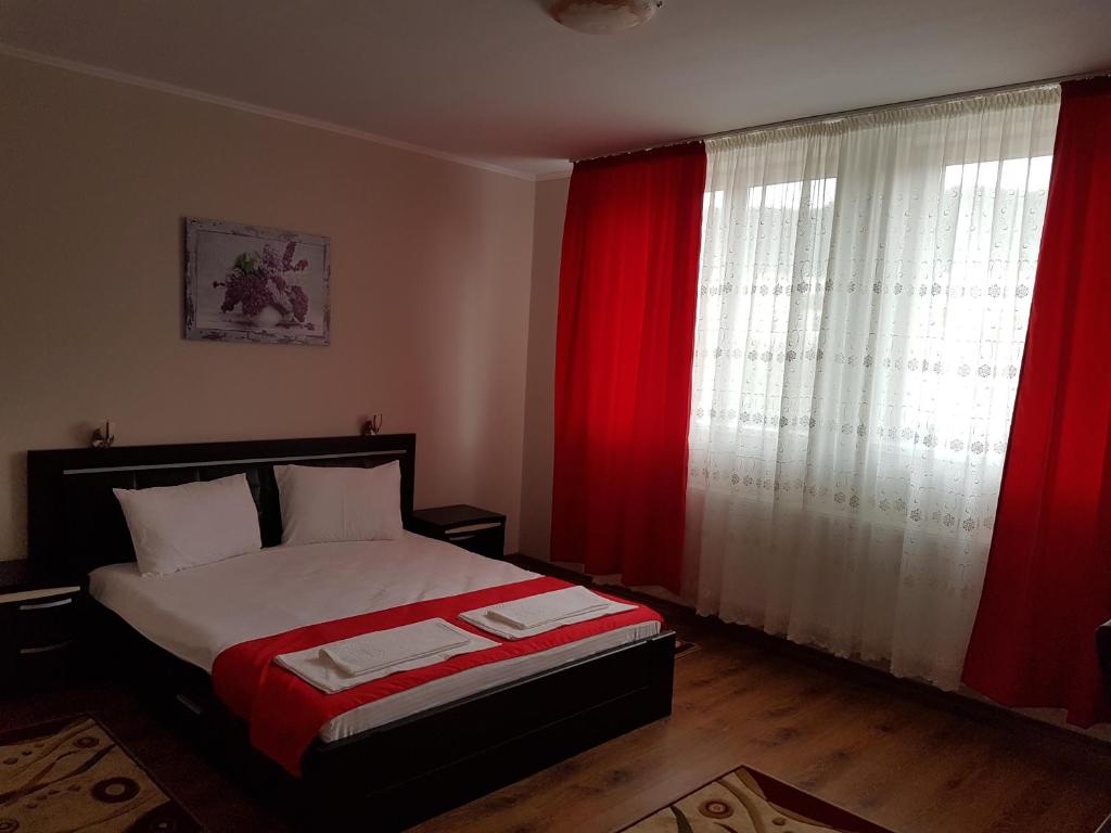 巴亚马雷Hotel New的一间卧室配有一张带红色窗帘的床和一扇窗户