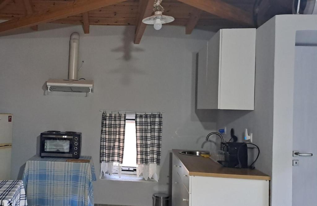 PanayíaΠέτρινο Αλώνι的厨房配有白色橱柜和窗户。